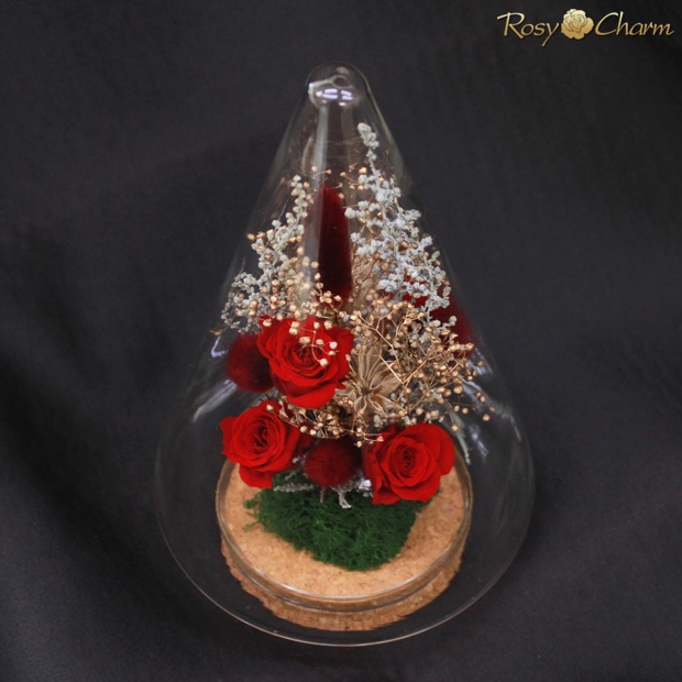 プリザーブドフラワー ガラスドーム ツリー【クリスマス ver.】赤い